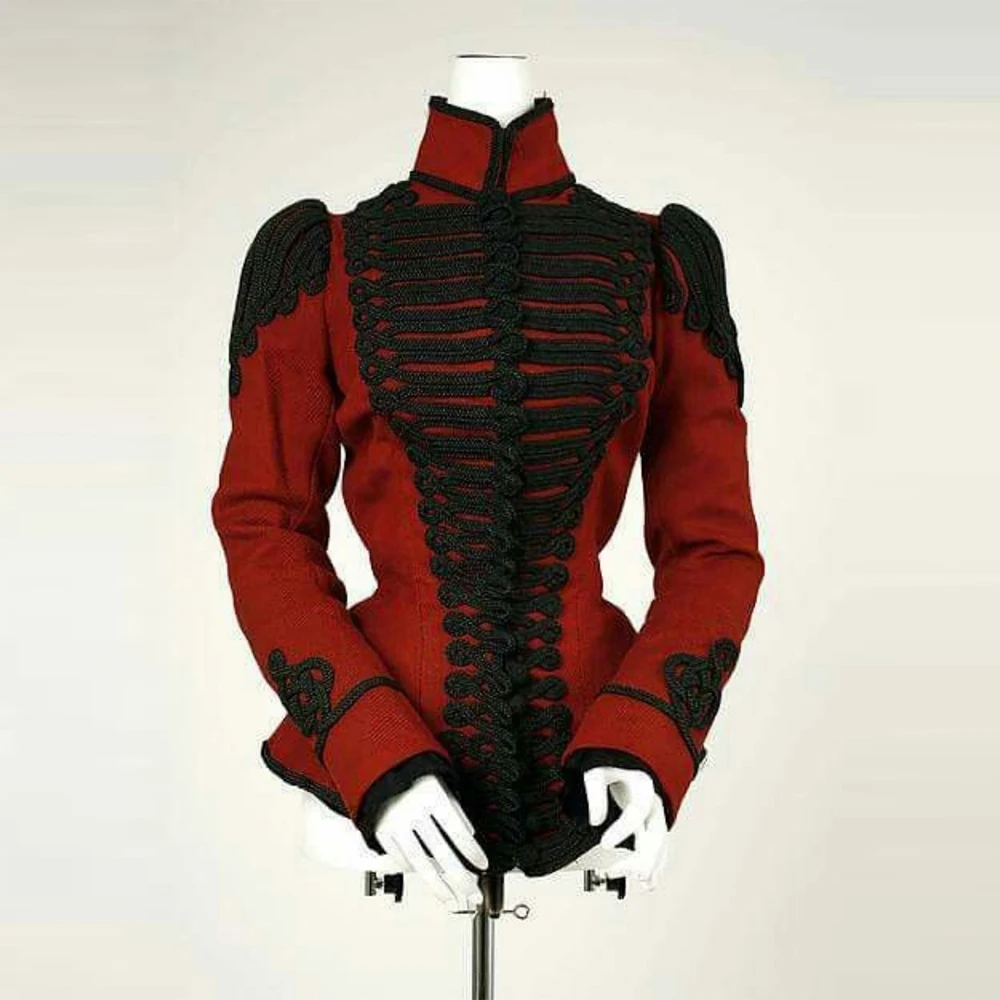 

1890s Red Wedding Jacket Women Gothic Steampunk Black Braid Uniform Military Outfits Victorian Civil War Hussars Officers Coat