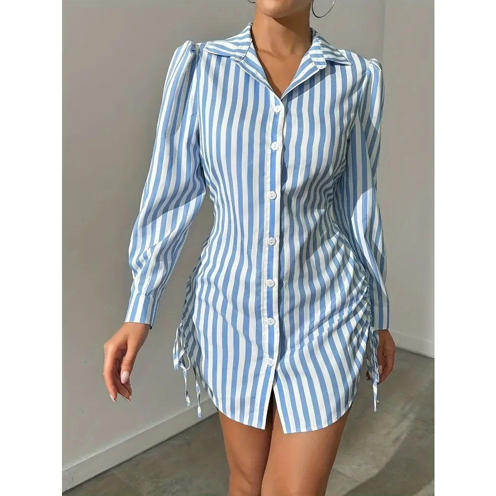 

Plus Size Fashion Women's Striped Side Tied Waistband Long Sleeved Shirt Dress