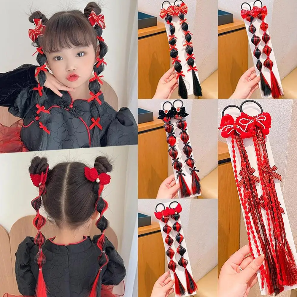 Chinese New Year Hair Clip Kids Wig Braid New Year Braid Sweet Girl Twist Braid Boxing Tie Hair Red Headband Cool Bubble Br J0A7