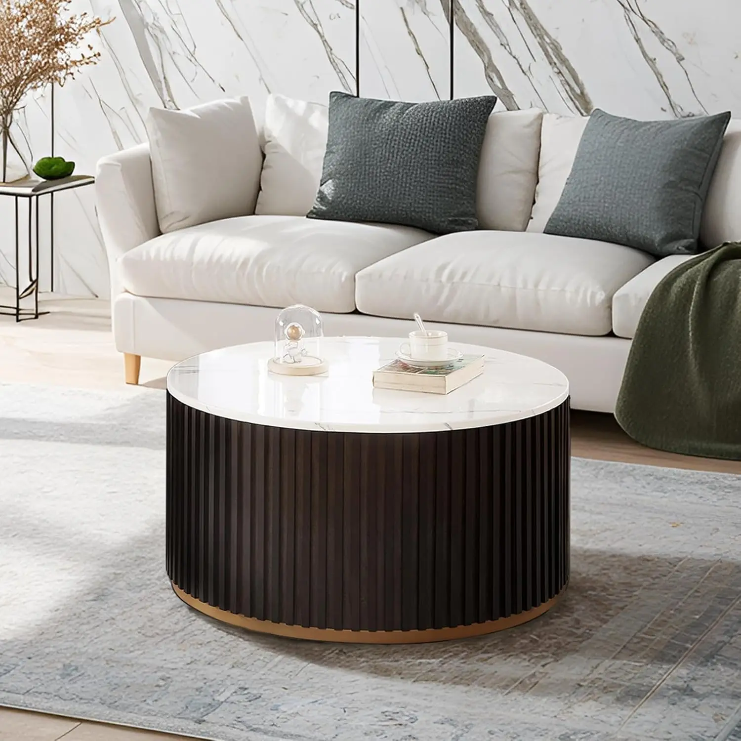 Round Wood Coffee Table with Marble Lid ＆ Hidden Storage, Modern Circle Handcraft Coffee Table for Living Room,Black Brown.