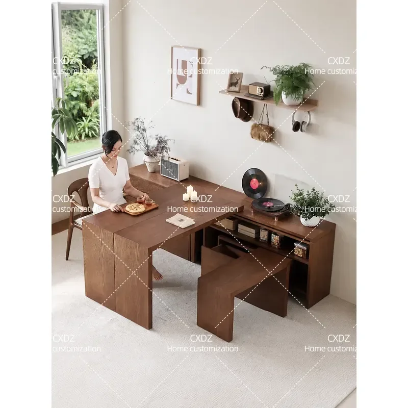 Multifunctional Solid Wood Dining Table Rotatable Folding Retro Style Small Apartment Dining Room with Storage Side Cabinet