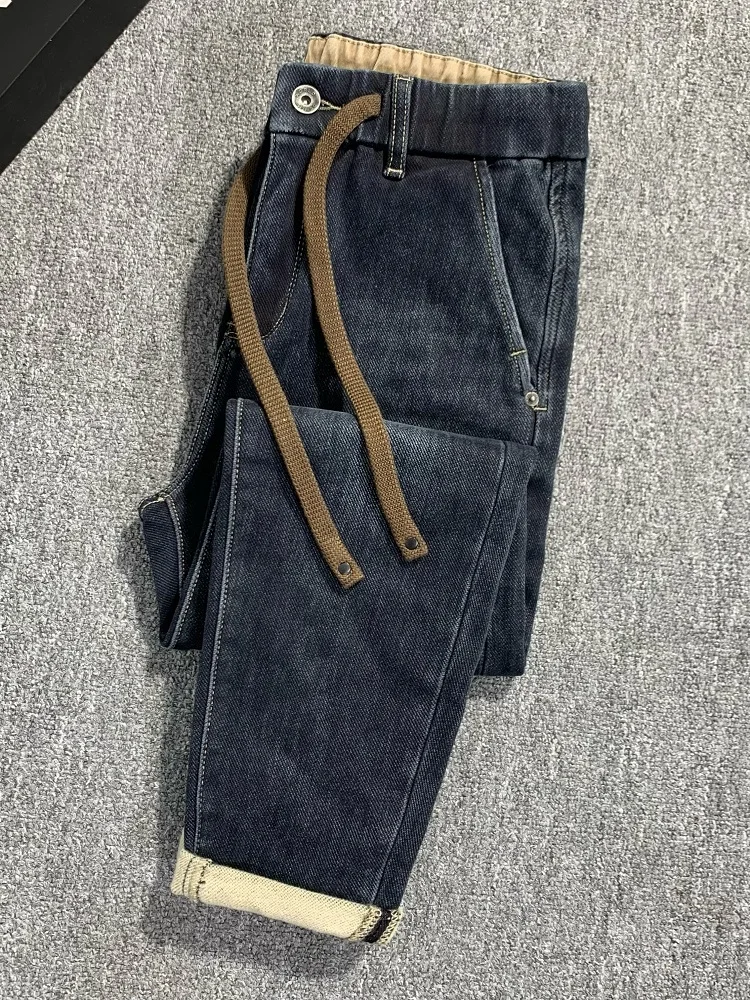 

Повседневные мужские джинсы с эластичной резинкой на талии, облегающие хлопковые эластичные джинсовые брюки с завязками, осенняя мода, трендовый геометрический узор