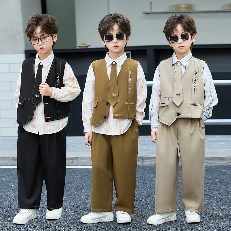 Boys Vest Set Korean Style Kids Formal Suit for Host Speech Choir Stage Performance Spring New School Children Waistcoat Outfit