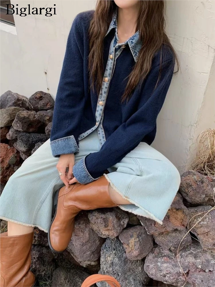 

Вязаный джинсовый лоскутный осенний кардиган, женский повседневный модный женский кардиган с длинными рукавами, свободный женский свитер в корейском стиле, пальто