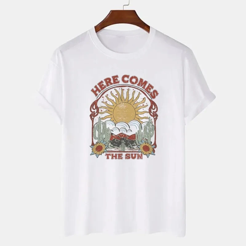 Here Comes the Sun Graphic Tops Summer Fashion Women T Shirt Cotton Retro Hippie Tees Boho Vintage Aesthetic Clothes Grunge