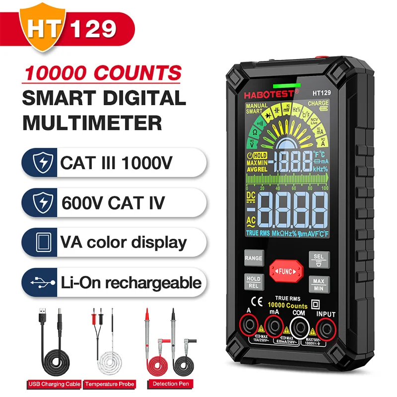 HT129 Rechargeable Smart Multimeter 10000 Counts Fuse Protection AC/DC Voltage Current Capacitance Ohm Hz Tester Color Screen