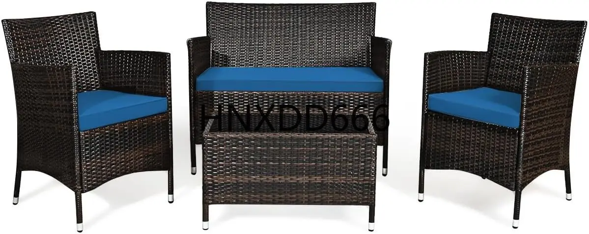 

4PCS Patio Set, Outdoor Wicker Conversation Set for Backyard, Rattan Furniture Set w/ Tempered Glass Coffee Table Soft Cushion