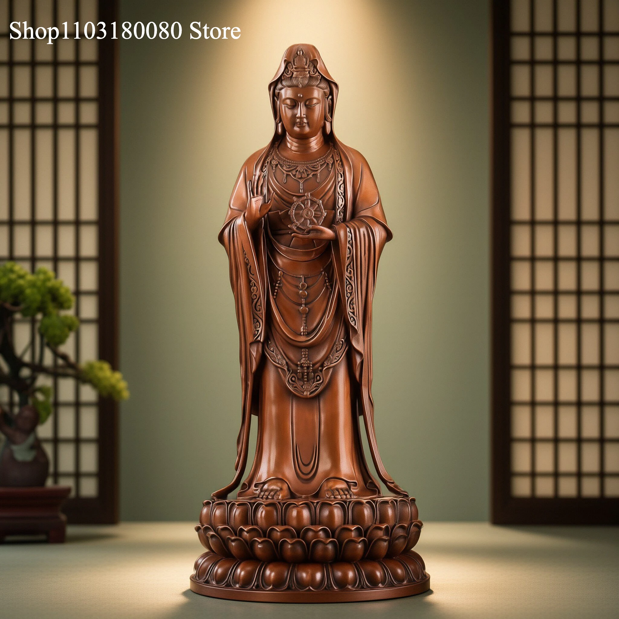 Red Copper Chinese Putuo Guanyin Statue Stand Kwan-Yin Sculpture Home Altar Decor,28cm,38cm,48cm