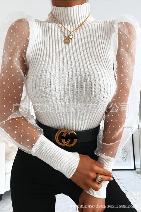 

2026 New Women's Fashion Lace Polka Dot Mesh Patchwork Puff Sleeve Sweater Knit Base Layer