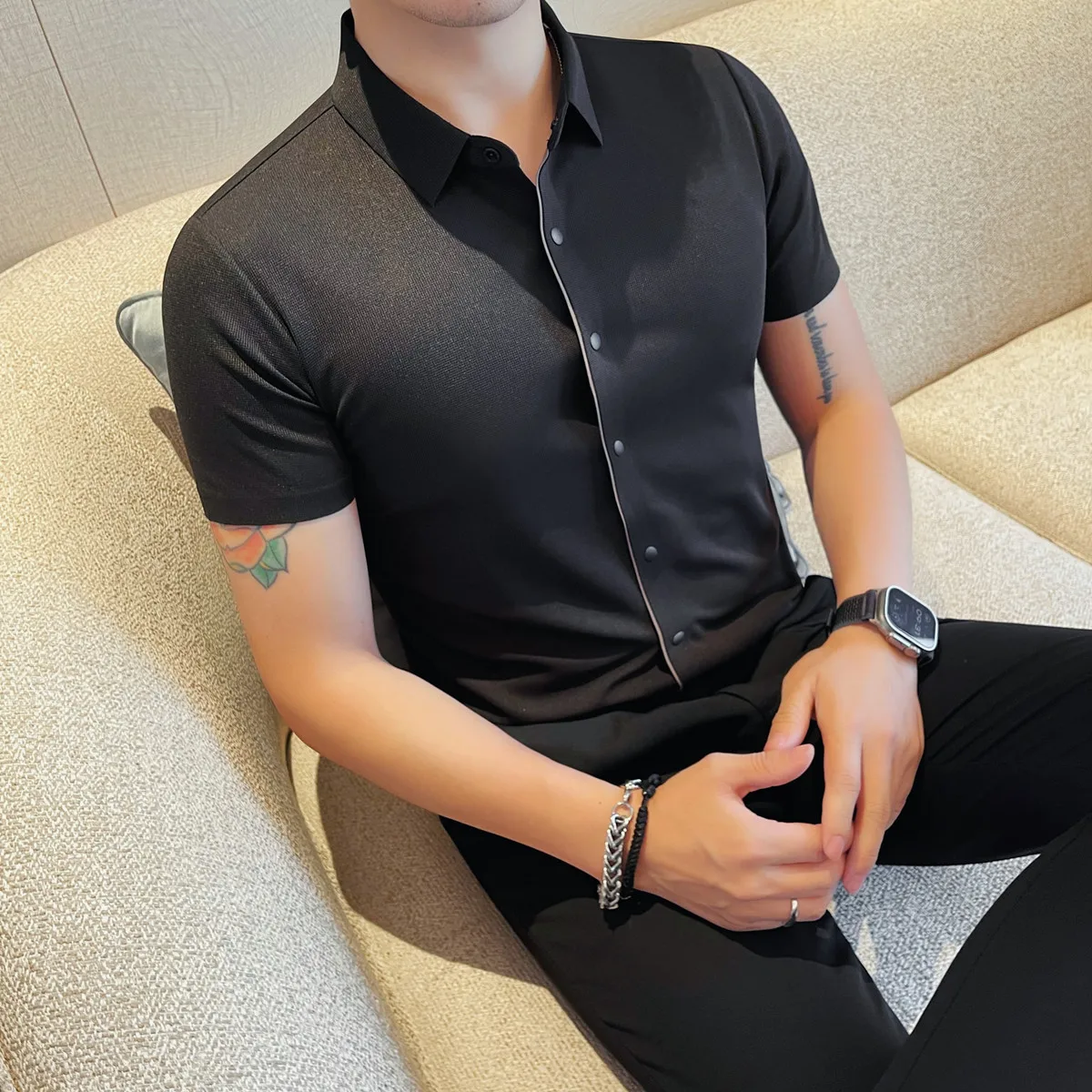

2025 New Ice Silk Waffle Short Sleeved Cardigan Shirt Men's Summer Business Casual Slim Fit Polo Shirt Social Office Uniform Top