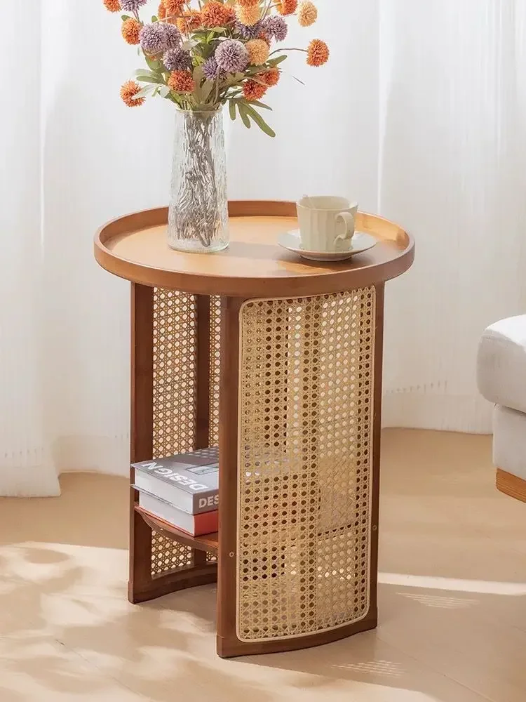 Rattan Double-layer Storage Rack Living Room Sofa Side Table Woven Round Small Table Coffee Table Balcony Rattan Corner Tables