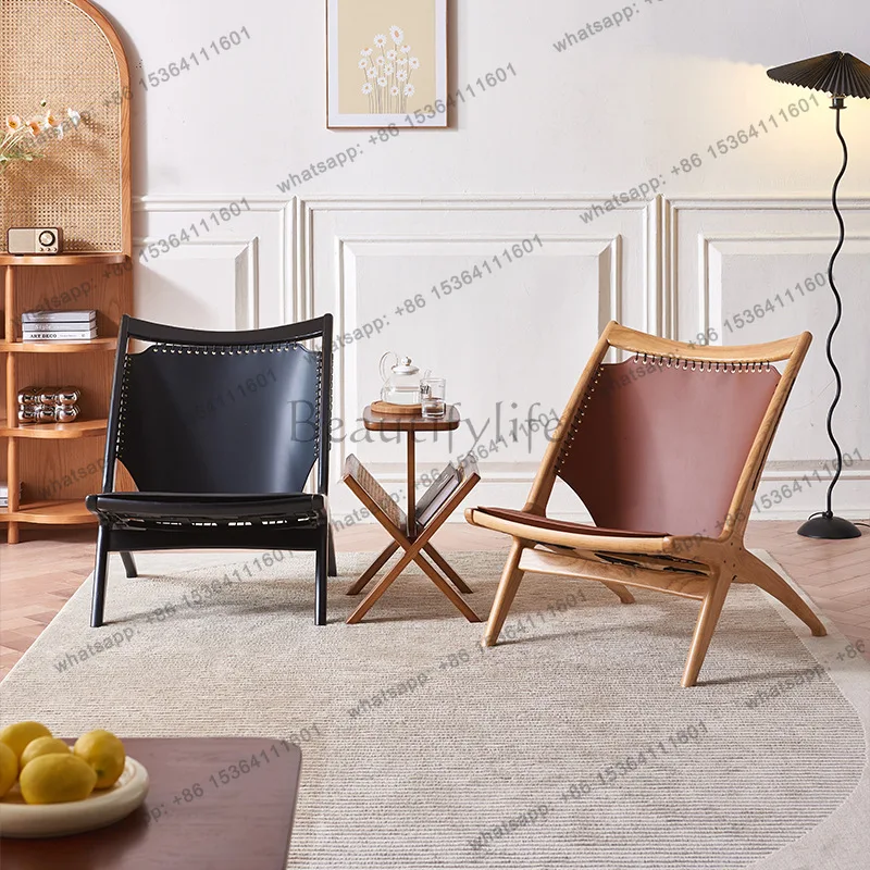 Italian minimalist solid wood leisure chair saddle leather sofa modern minimalist recliner