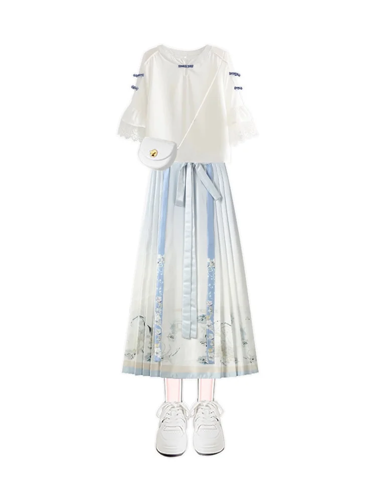 Ele conjunto de saia f hanfu de duas peças, cintura alta, linha a, verão, nova saia de cauda chinesa, feminina