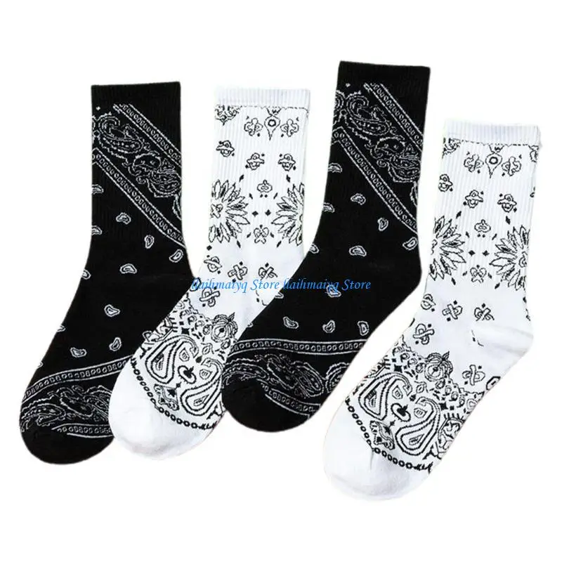 

573B Women Men Ethnic Paisley Floral Print Socks Harajuku Hip Hop Black Skateboard Sport Cotton Hosiery