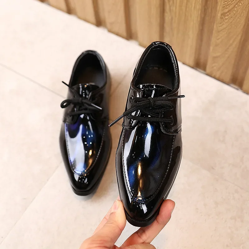 Children Patent Leather Shoes Fashion Pointed Toe Lace Up Boy Shoes Black Casual Dress Flats Comfortable Soft Sole Kids Shoes