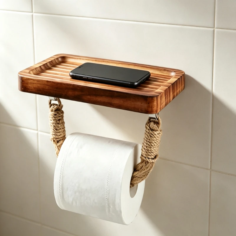 Retro-style Toilet Paper Holder with Wall-mounted Shelf Grooved Design Prevents Items Slipping Suitable for Bathrooms Bedrooms