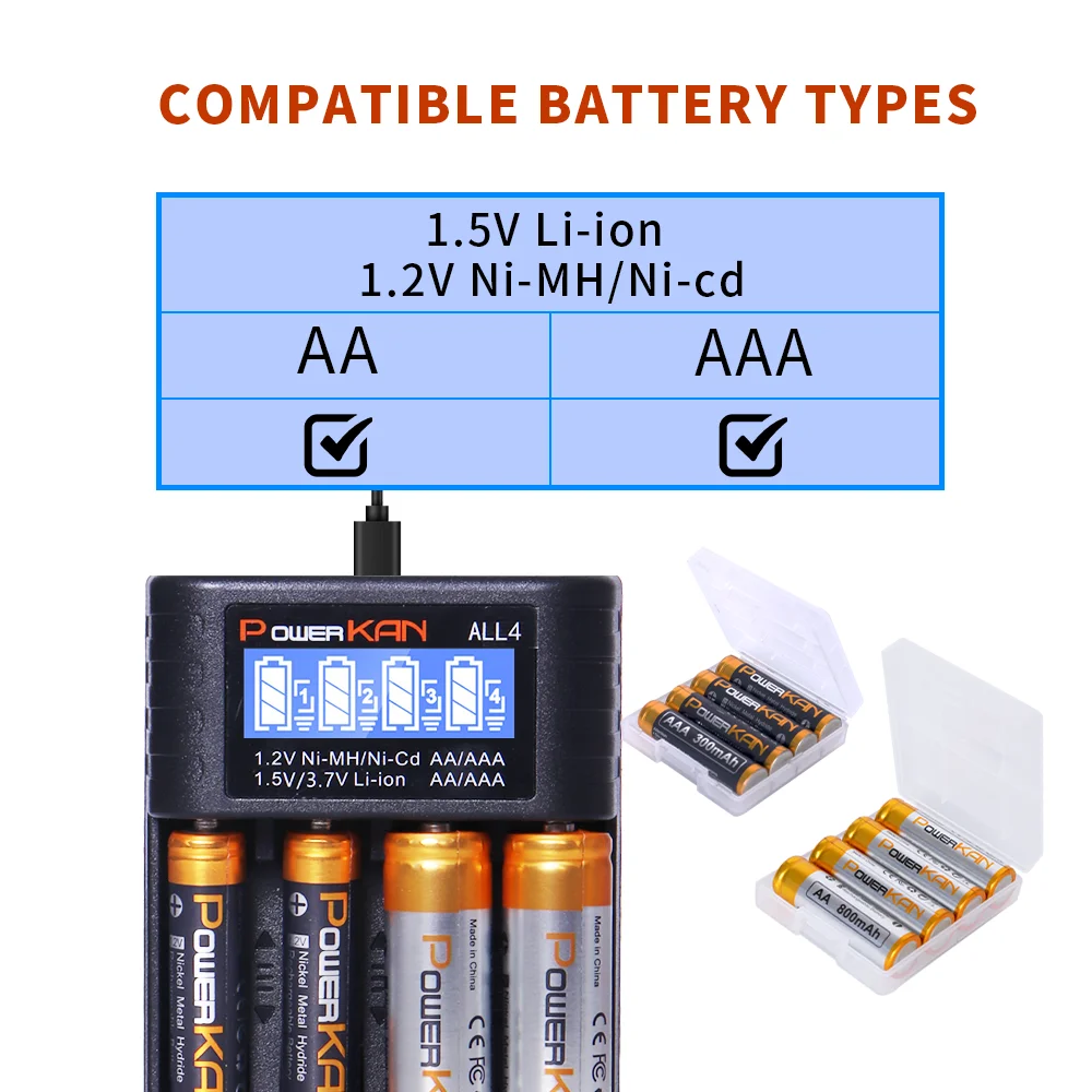 Powerkan ALL4 Charger+Battery Set 1.2V NiMH 4pcs AA300mAh AAA800mAh Rechargeable Batteries Plus LED Display Charging Compo Set