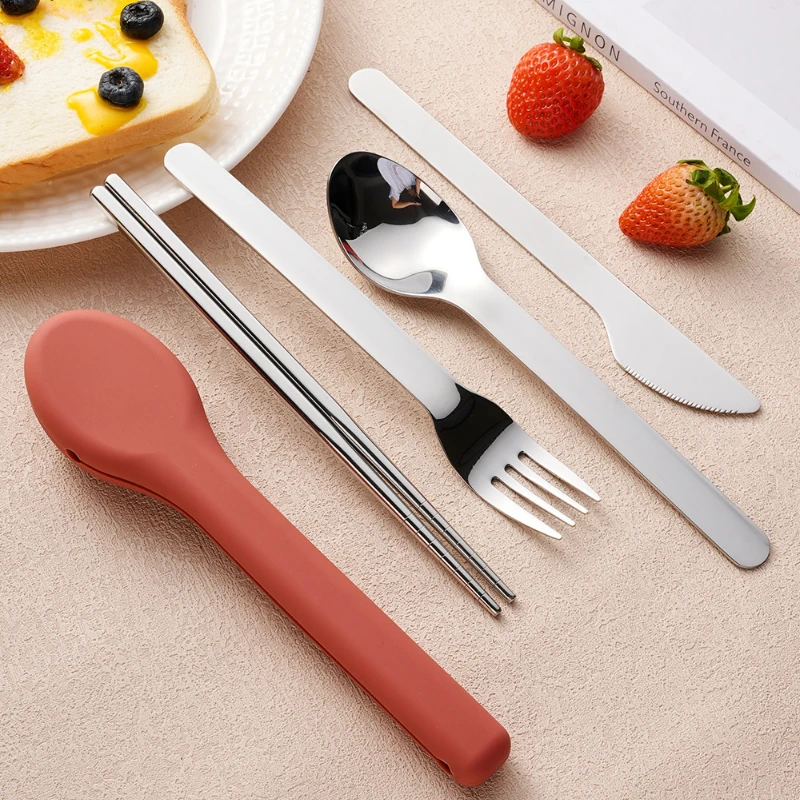 Creative Silicone Cover 304 Stainless Steel Portable Tableware Set Outdoor Camping Tableware Travel Knife Fork Spoon Set