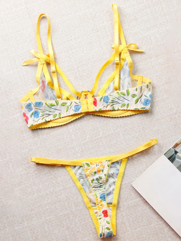 Women Bra and Briefs Sets Lace Flower Embroidery Sexy Perspective Underwire Erotic Lingerie Panty Two-Piece Underwear Set