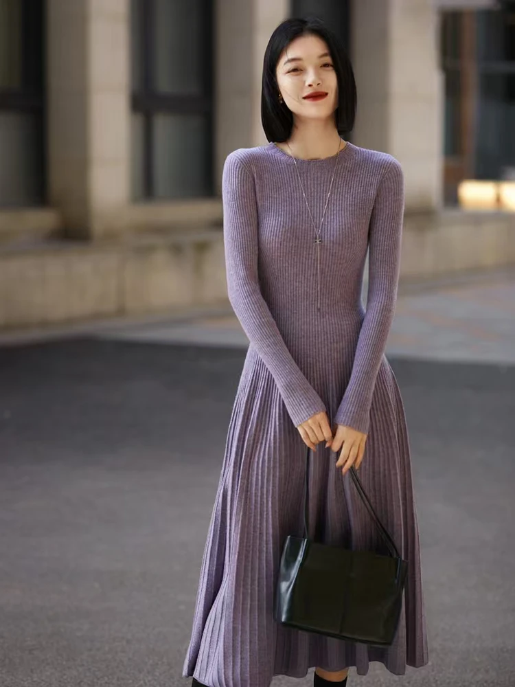 Autumn Winter Sweater Women's Dress 100% Merino Wool Dress O-Neck Slim Maxi Skirt Basic Long Sleeve Dress Sexy Inside Join Dress
