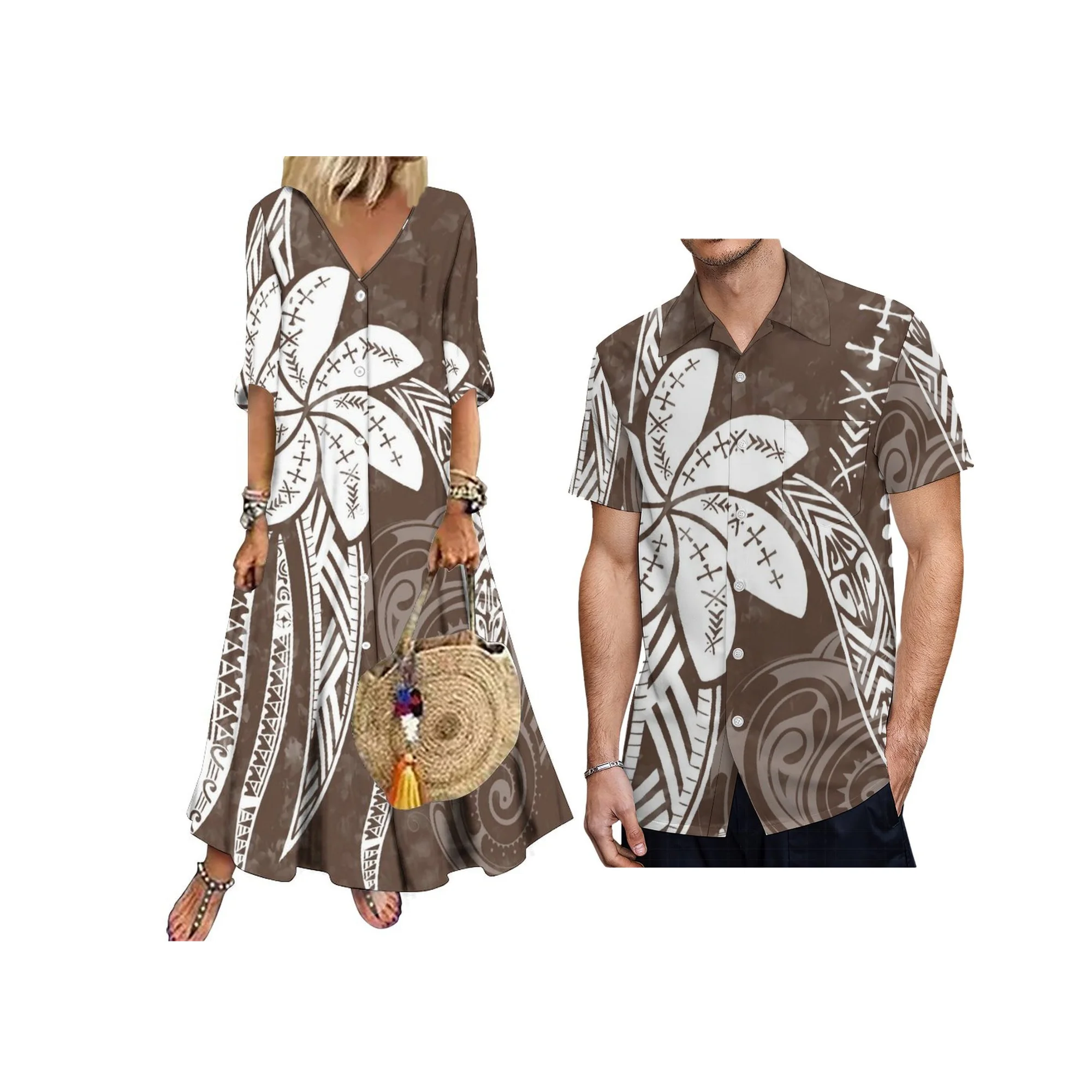 

Hot Selling Samoa Casual Personality Party Dress Polynesian Sublimation Print Button Collar Long Sleeve Dress