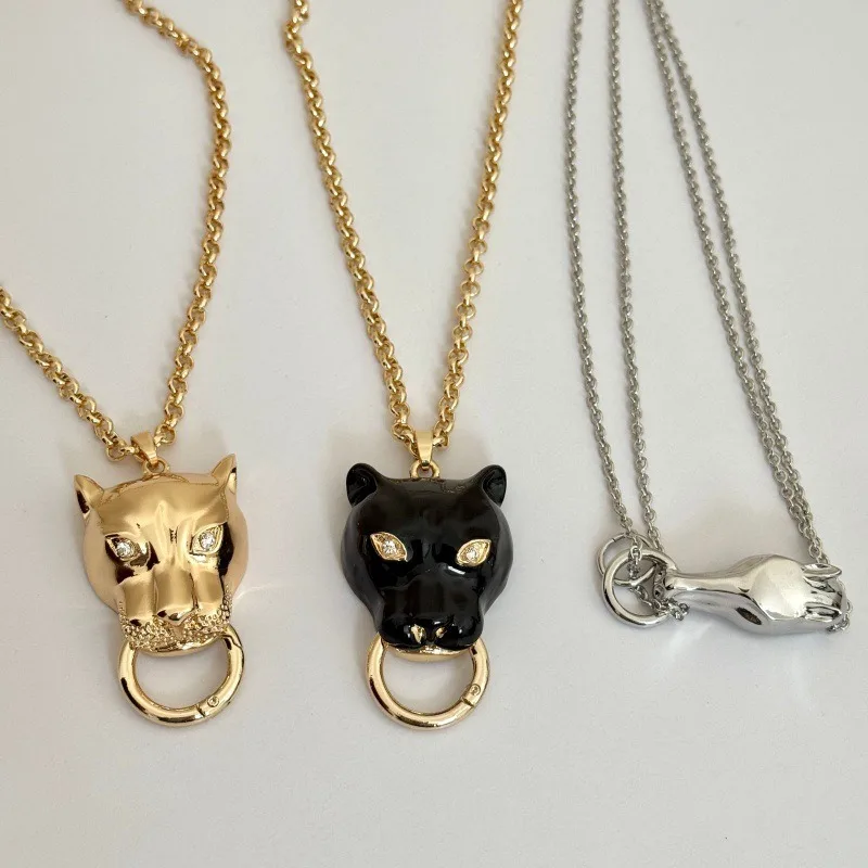 Vintage Emaille Leopardenkopf Anhänger Halsketten für Damen und Herren, Übertriebene Metallkette, Dicke Pulloverkette, Modisches Accessoire – Detail 6