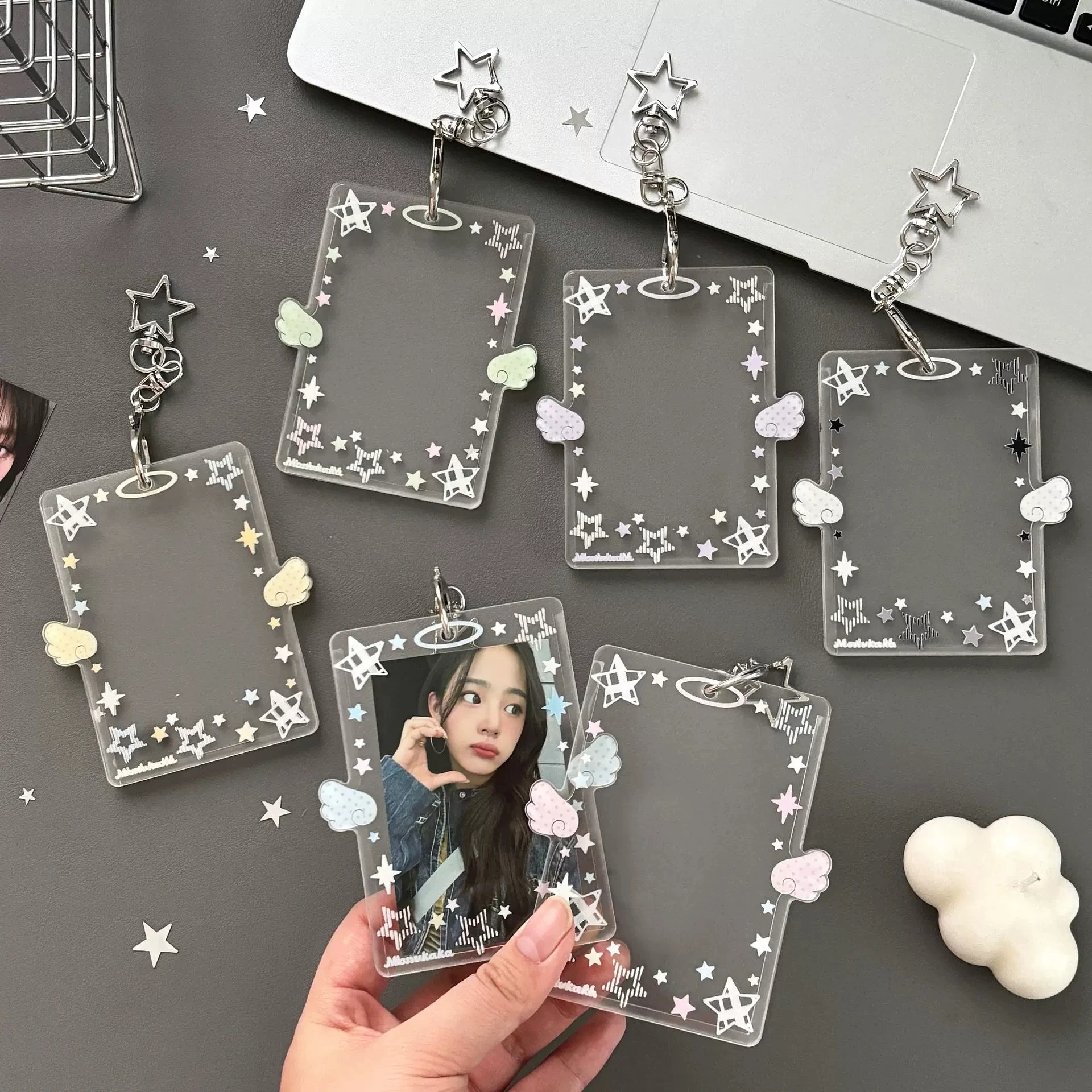 Clear Acrylic Wing Shaped Photocard Holder with Star Pendant Keychain for 2.4x3.3 Inch Student Credit Bus Card Kpop Idol Fans