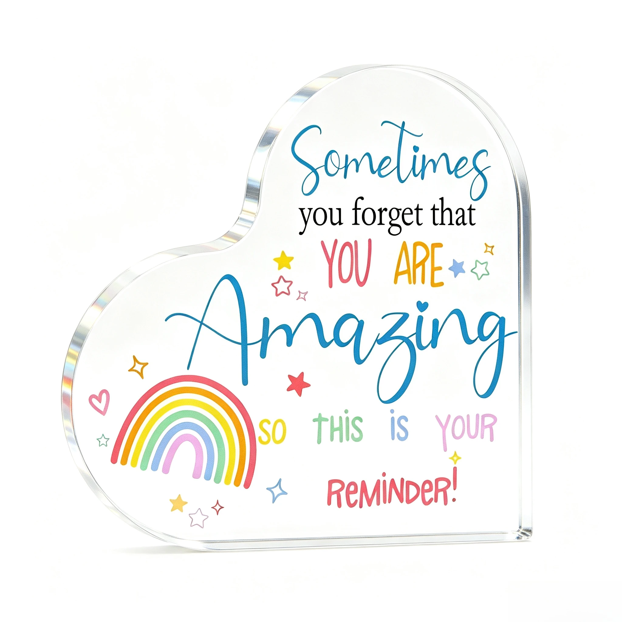 Sometimes You Forget That You Are Amazing Heart‑Shaped Acrylic Plaque Rainbow Star Desk Decor Colorful Rainbow Star Heart Acrylic Stand, Positive Affirmation Inspirational Keepsake Gift
