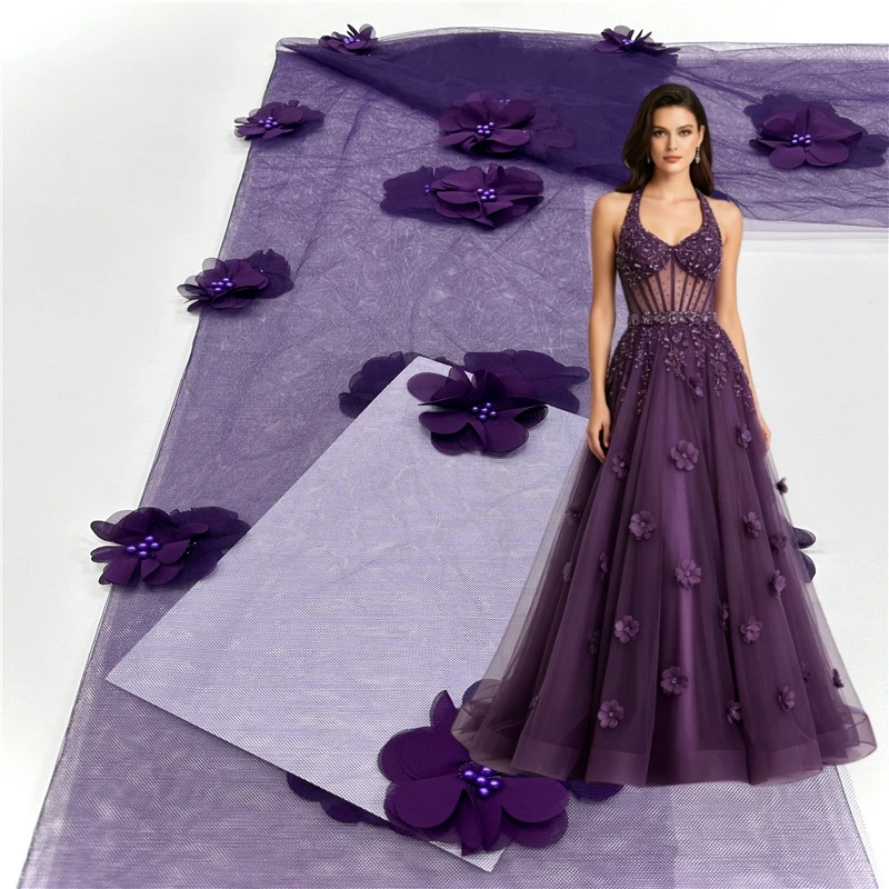 Purple 3D Applique Tulle Beaded Lace Fabric High Quality 3D Flower Tulle Mesh Embroidery Lace Nigerian Wedding Lace Fabric