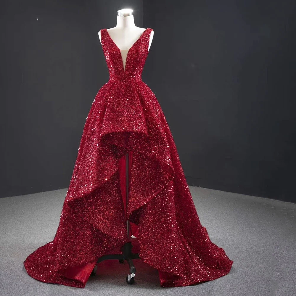 

Dubai Sexy Red Sequin High And Low Evening Gowns For Women Elegant Long Sexy V-neck 2022 Party Prom Dress robe de soirée