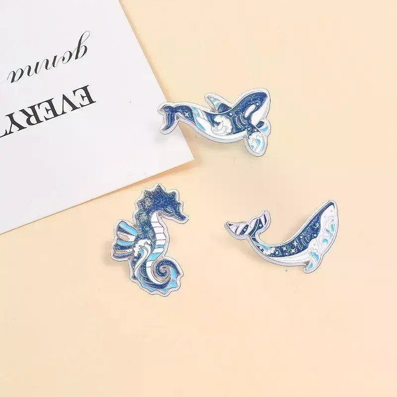 3/6Pcs Cartoon Sparkling Underwater Marine Creatures Enamel Pins Glitter Dolphins Manta Ray Seahorse Sharks Whale Brooch Jewelr