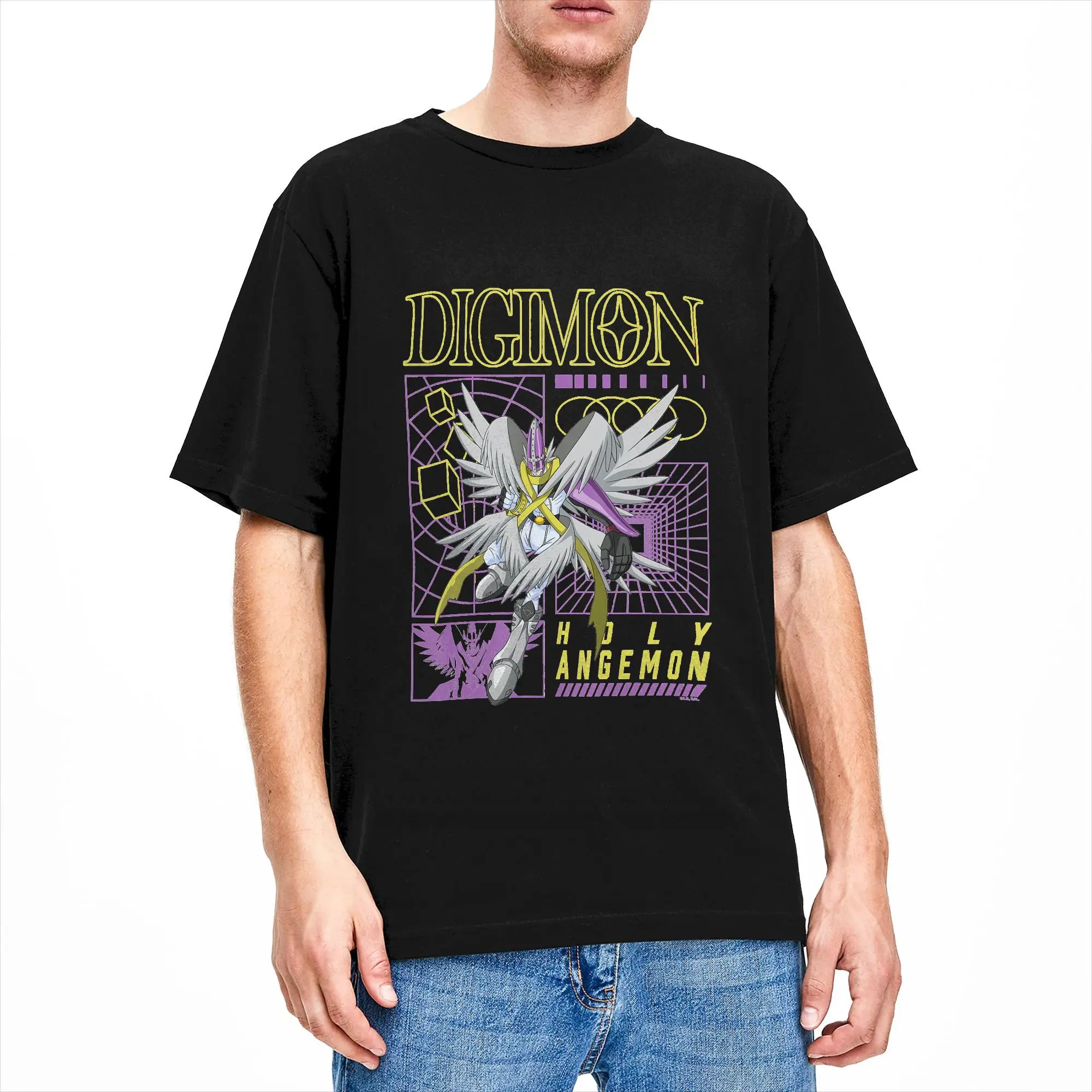 Vintage Digimon Holy Angemon Y2K Geometric Collage Monsters T-Shirt Men Round Collar 100% Cotton T Shirts  Short Sleeve Tees