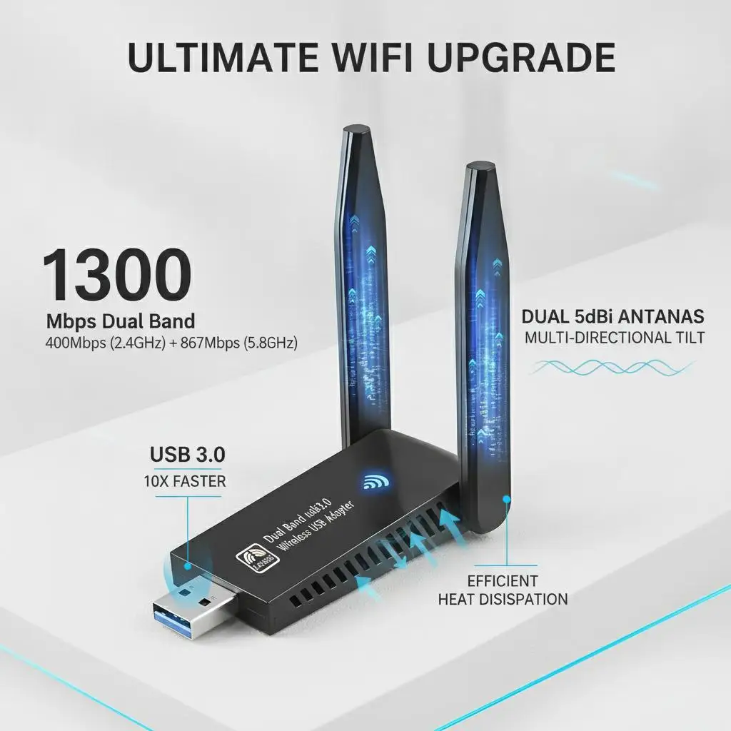 1300Mbps USB 3 0 Wireless USB WiFi Adapter Dual Band 5GHz 2 4GHz High Gain Antenna Long Range Network Card for PC Laptop Desktop Windows 11 10 8 7 Vista XP AC1300 80211ac Compatible Internet Receiver Pro view 2