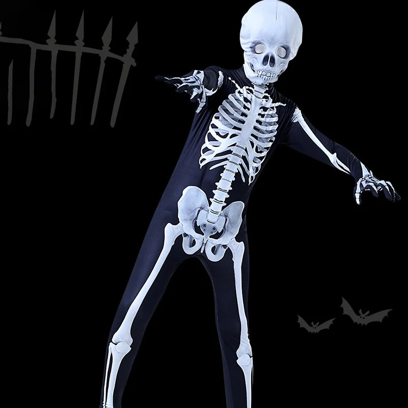 Childern 할로윈 코스프레 해골 해골 인쇄 유령 점프 슈트 키즈 카니발 파티 코스프레 공연 무서운 의상 바디 슈트