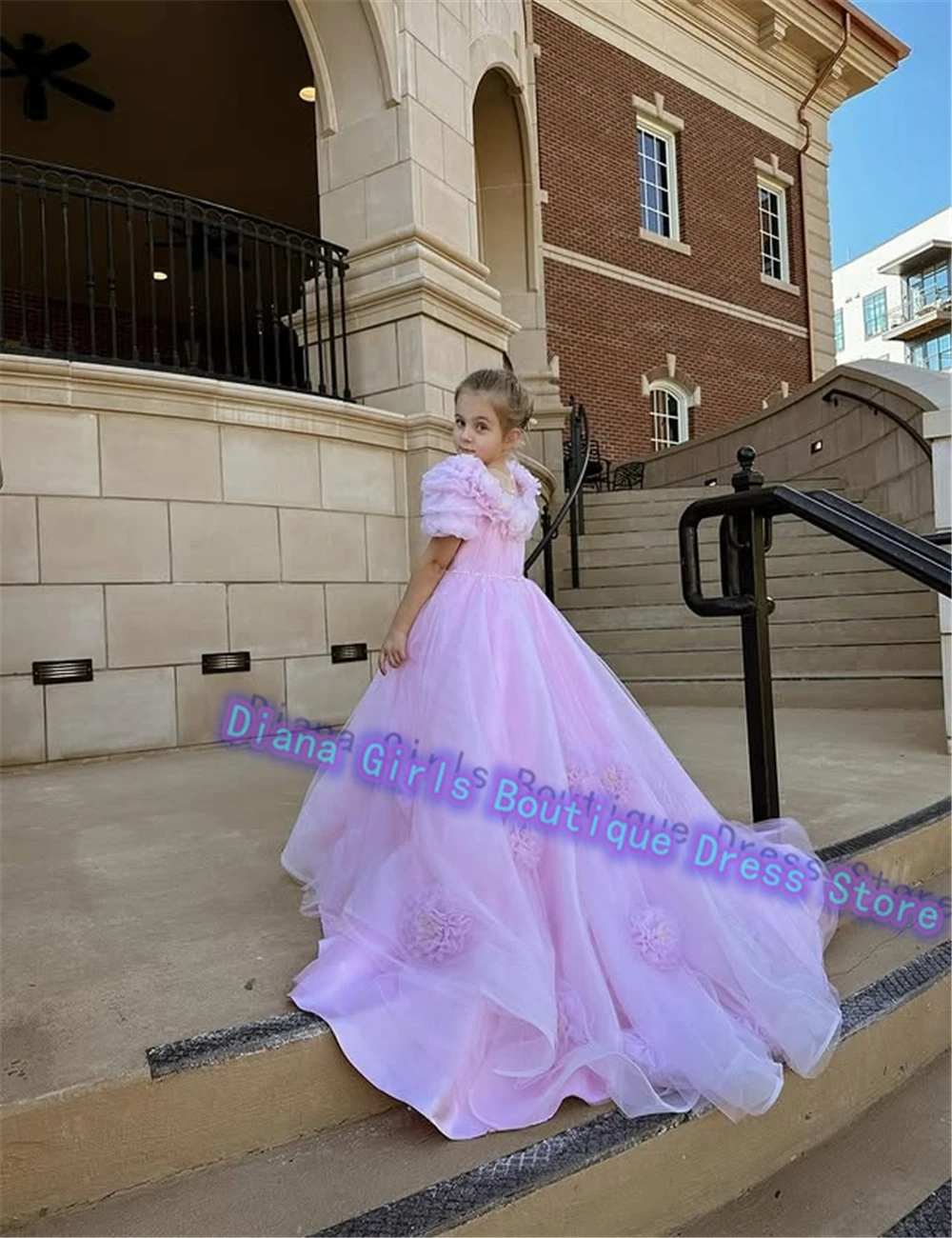 Precioso vestido rosa de flores para niña, vestidos de novia esponjosos de tul con apliques escalonados, vestidos personalizados para fiesta de cumpleaños de niñas pequeñas de princesa