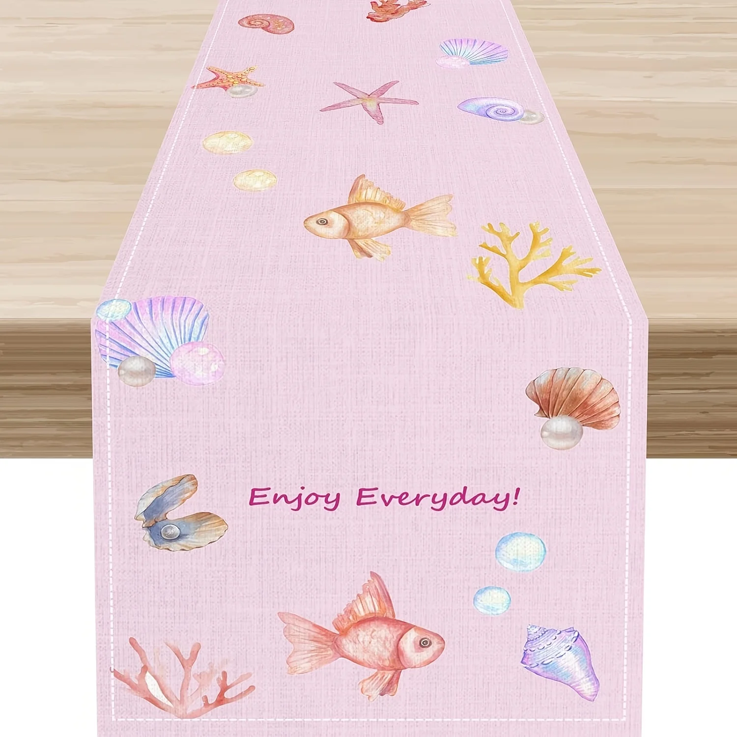 1 Piece of Pink Table Runner with Goldfish and Shell Patterns, Suitable for Farmhouse, Indoor, Kitchen, Celebrations, Table Decoration, Restaurant, and Banquet Decoration Supplies