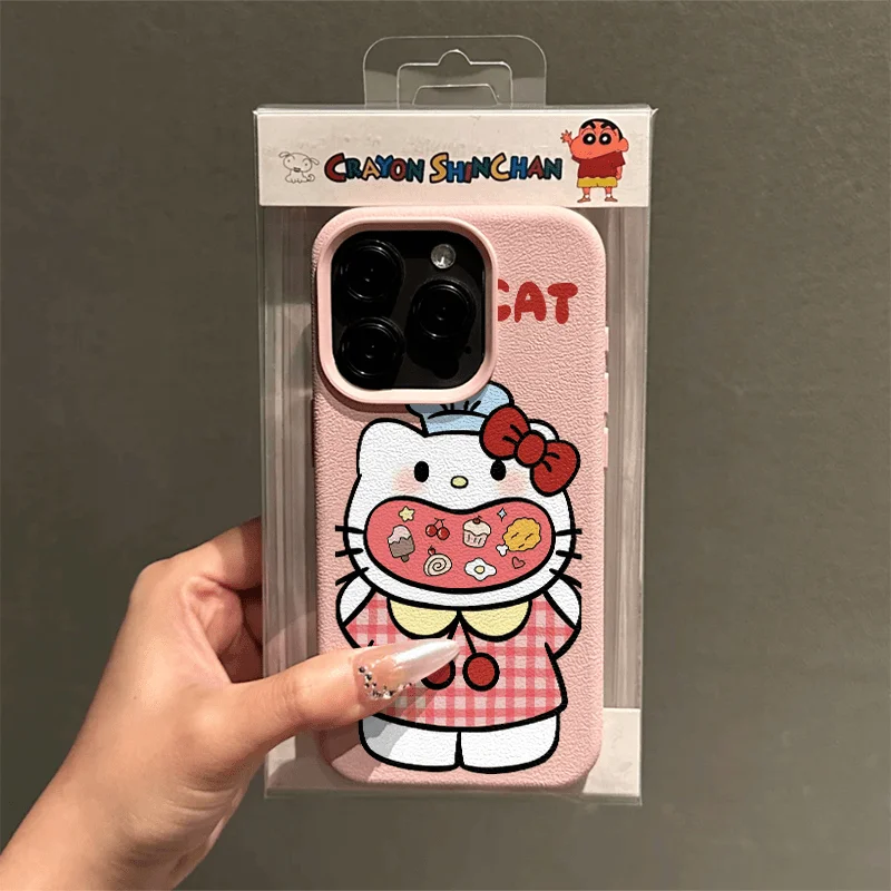 13 Greedy Hello Kittys Fashion TPU Imitation Leather Phone Case for IPhone 16 Plus 15 14 13 12 11 Pro Max Shock-absorbing