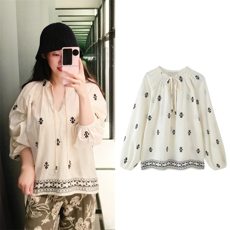 

Women's Blouse New Summer 2025 White Long Sleeve Pullover Embroidered Trim Casual Fashion Personality Versatile