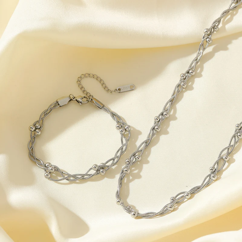 EILIECK 316L Edelstahl Silberfarben Perlen-Wickelketten-Halsketten-Armbänder-Set für Damen Trendiger Wasserdichter Schmuck Geschenk – Detail 13