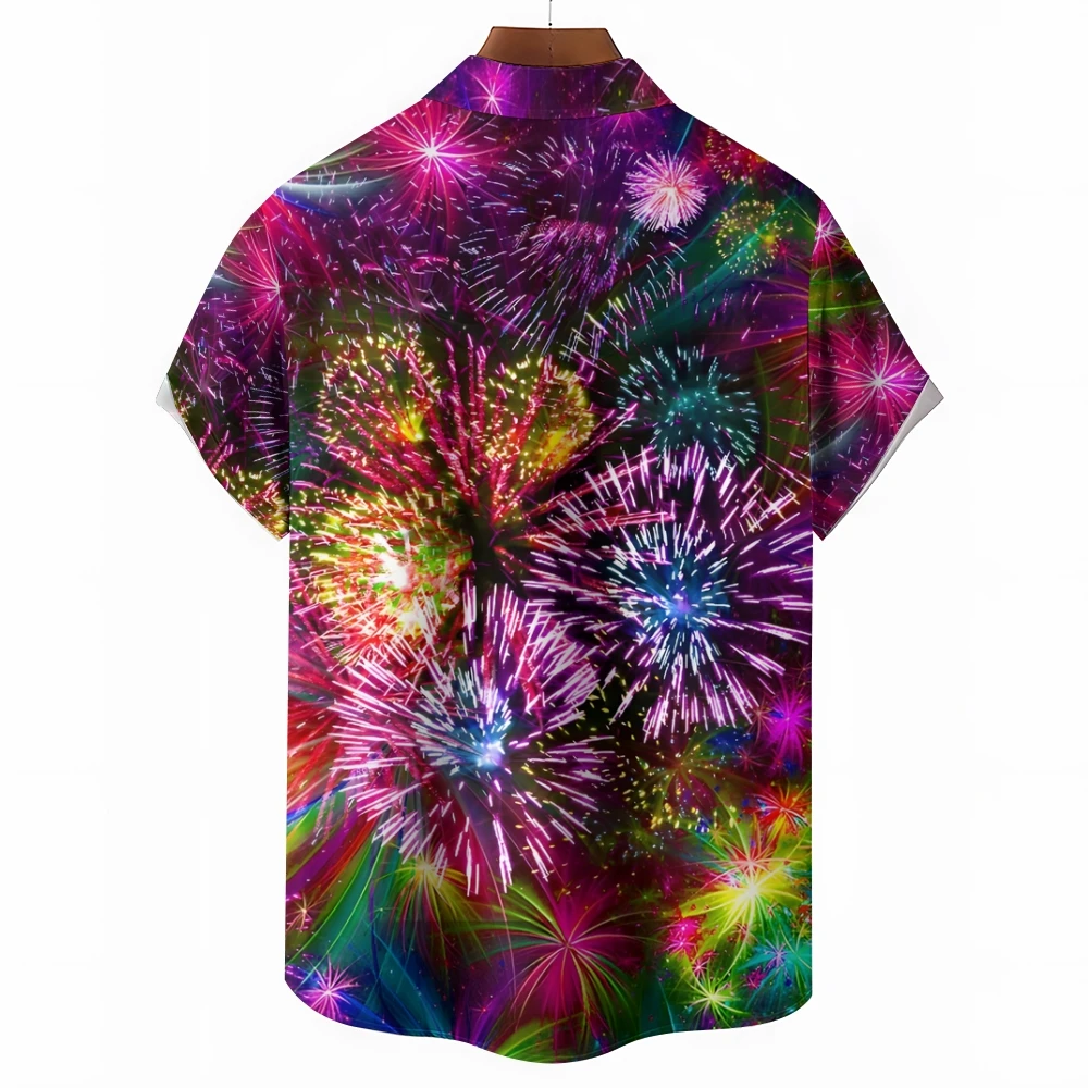 Men's Shirt Casual Color Smudge Contrasting Color Fireworks Print Hawaiian Vacation Style Polo Collar New Trendy Short Sleeves