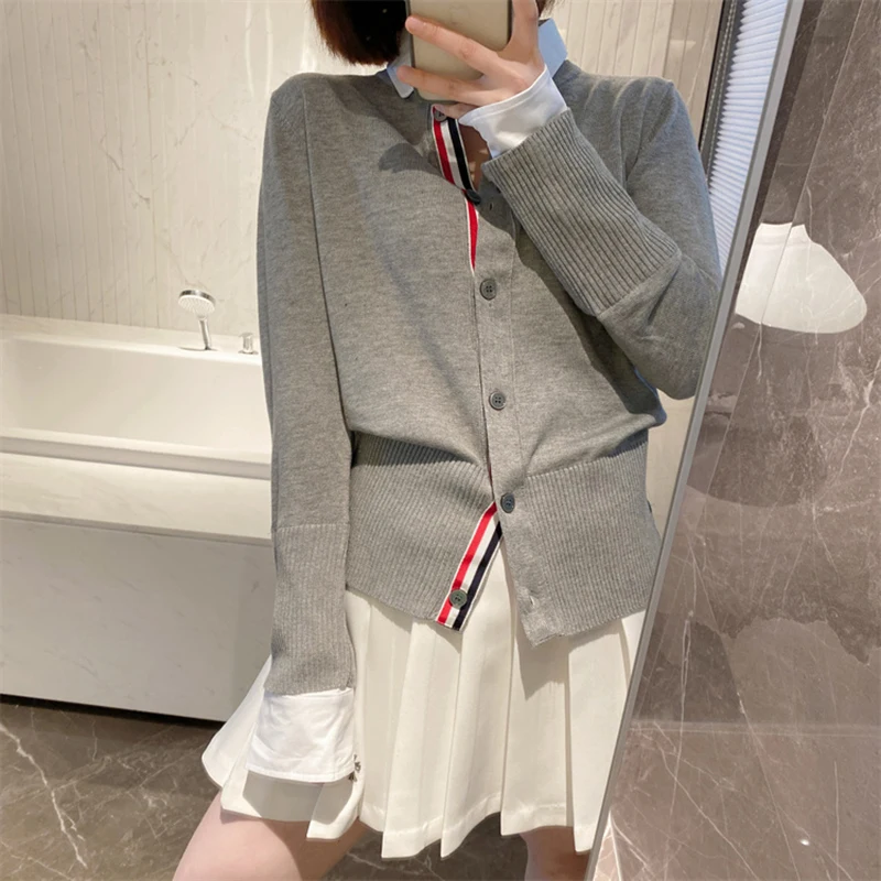 Autumn Preppy Style TB Fashion Wool Sweater Stitching Shirt Women's Fake Two-piece Polo Collar Casual Cardigan Sweater Jacket