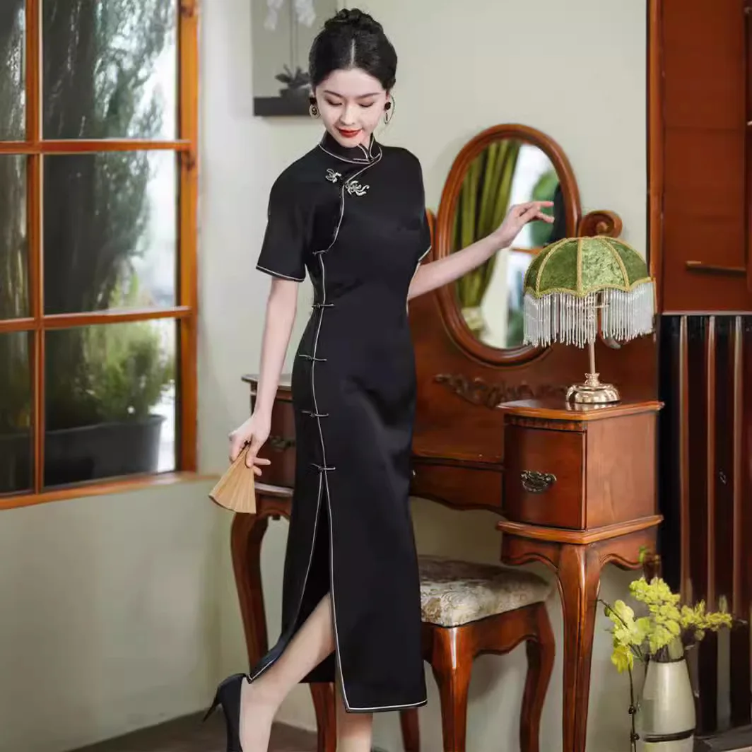 High-End Black Interwoven Cheongsam Qipao 2024 New Retro Full Cardigan High-Grade Real Silk Dress