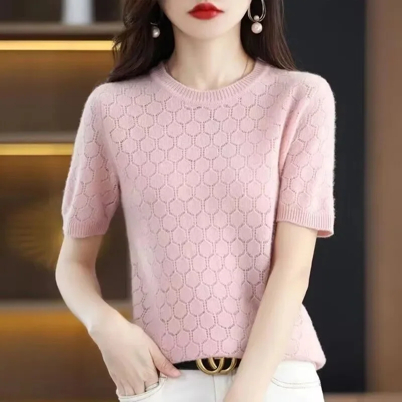 Short Sleeve T Shirt Women O Neck Wool Cotton Pullover Black Crop Top Spring Summer 2024 New Streetwear Basic Knitted Sweater To