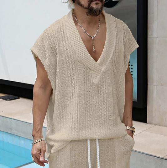 Moda primavera y verano jacquard nuevos hombres casual grande cuello en V suelta color sólido camiseta tejida moda chaleco deportes top