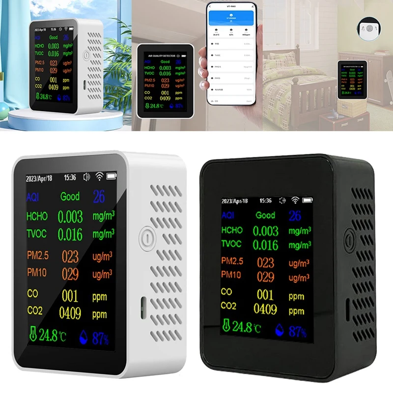 12 in 1 Air Quality Monitor CO2 Monitor with Time/ Date Display WIFI PM2.5 PM10 CO CO2 TVOC HCHO AQI Tester,Black