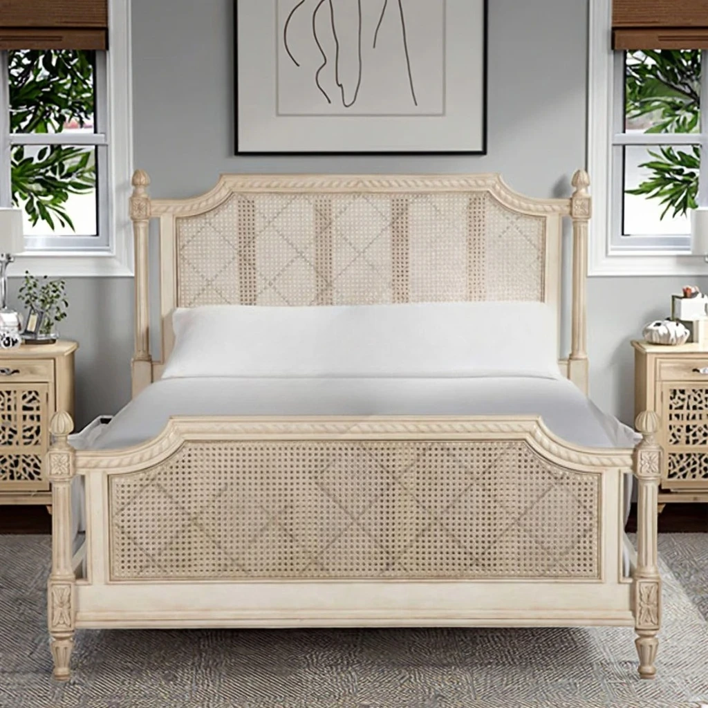 French Traditional Solid Beech Wood Bedroom Furniture Rattan Bed for Home Use