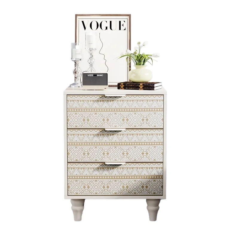 Modern bedside table with hardwood legs and geometric pattern, side table with 3 drawers