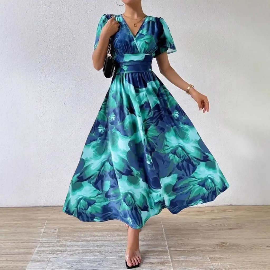 

Элегантное длинное платье с V-образным вырезом и принтом тай-дай, женская мода большого размера в европейском и американском стиле