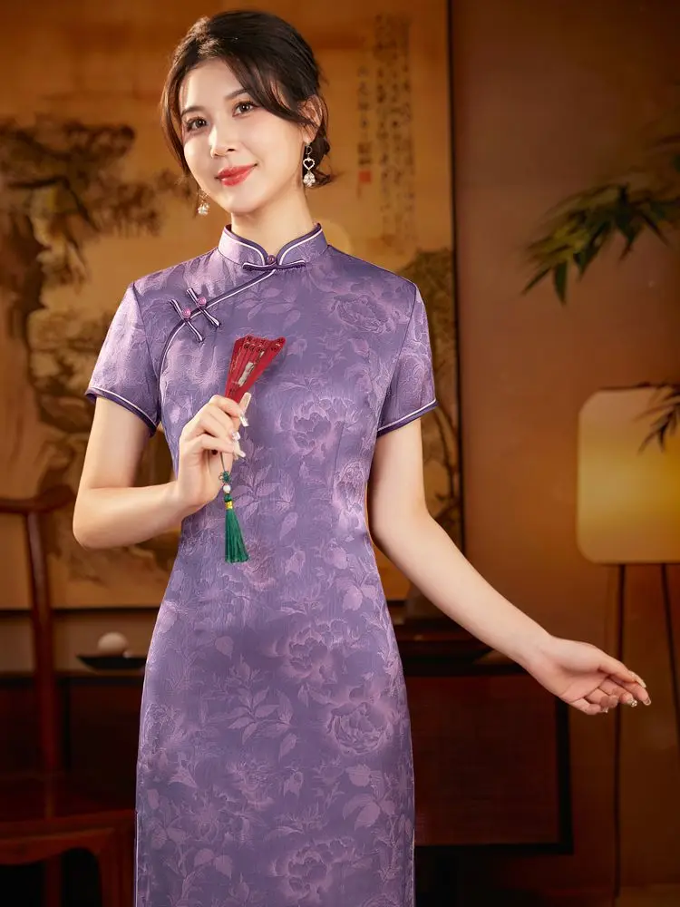 

Изысканное фиолетовое шелковое атласное платье для свадебного банкета, винтажный стиль, подходит для женщин любого размера