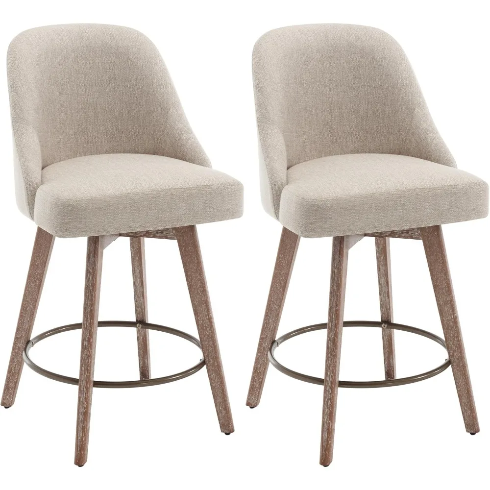 Juego de 2 taburetes de bar giratorios con altura de mostrador, taburetes de bar tapizados de tela con respaldo y asiento grueso, patas de madera maciza, Ba moderna de 26"